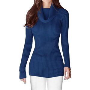 Women’s Navy Blue Knit Long Sleeve Bodycon Stretchable Sexy Cowl Neck Sweater